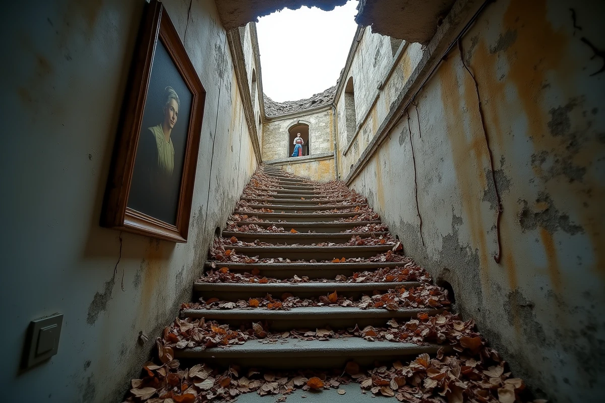 Escalier en ruine d'un manoir abandonné avec plafond effondré laissant entrer le ciel en France