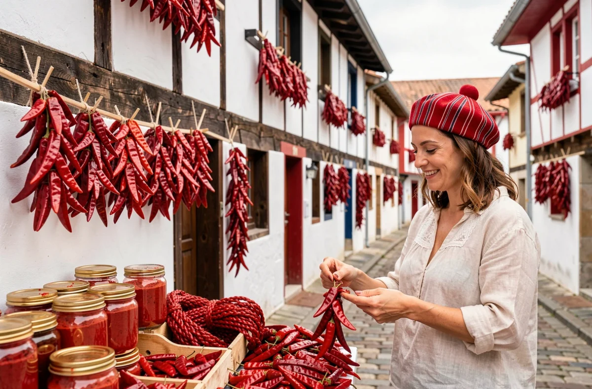 Les façades blanches et rouges d'Espelette au Pays basque ornées de guirlandes de piments rouges séchant au soleil