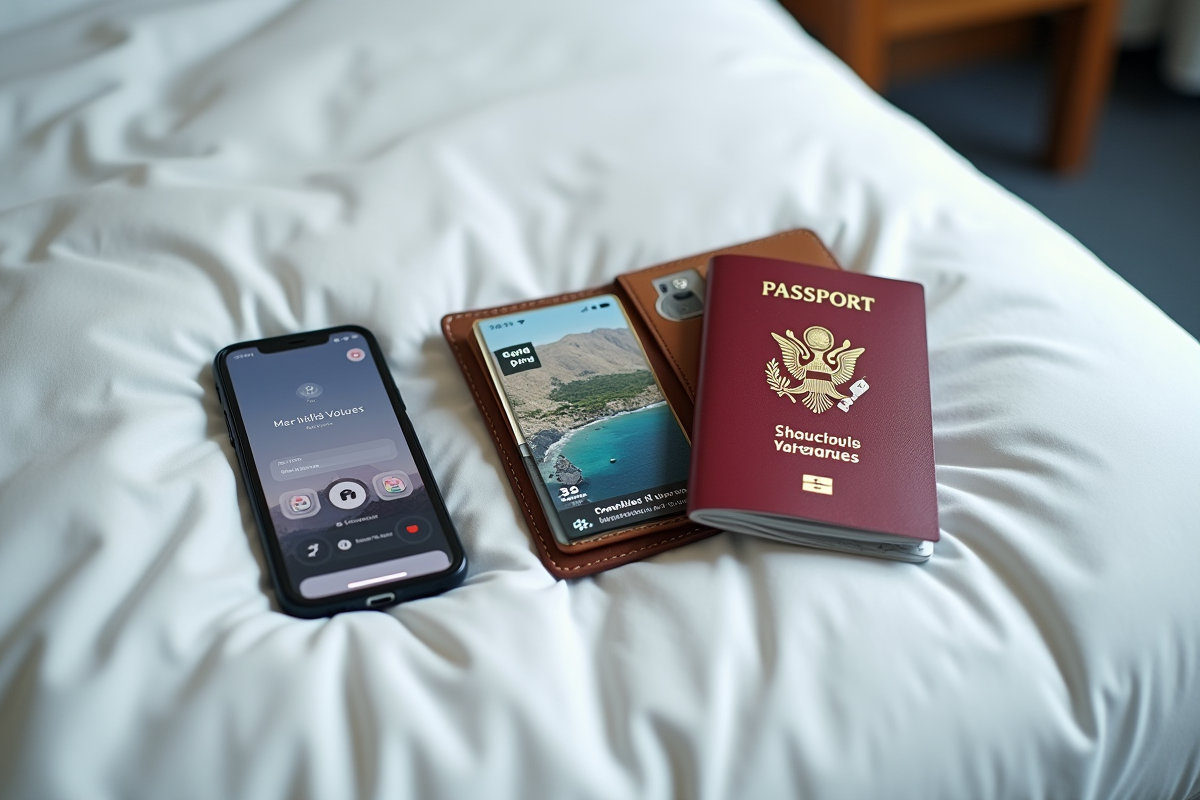 Accessoires de voyage sur lit propre avec passeport et smartphone