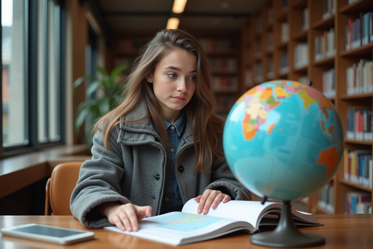Jeune étudiante en géographie observant un globe et une carte
