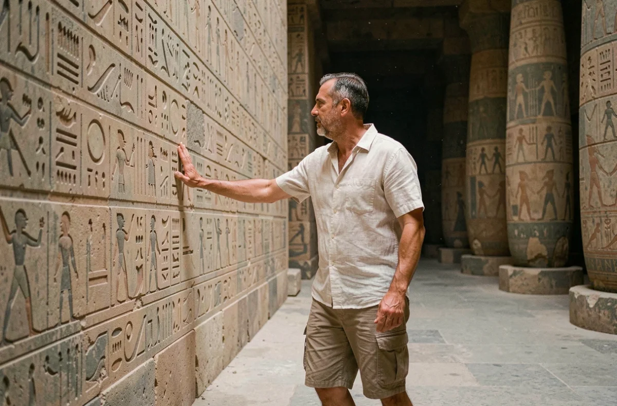 Touriste explorant l'intérieur frais et ombragé d'un temple égyptien antique pendant les heures chaudes de la journée en août