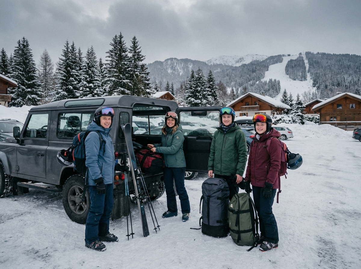 Famille arrivant à la station de ski avec tout son équipement grâce à une réservation anticipée bien organisée