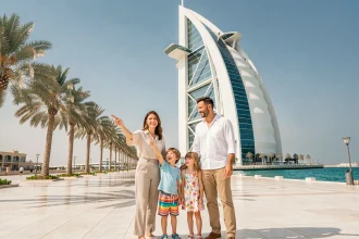 Famille avec enfants posant devant le Burdž Al Arab à Dubaï lors d'une visite en famille
