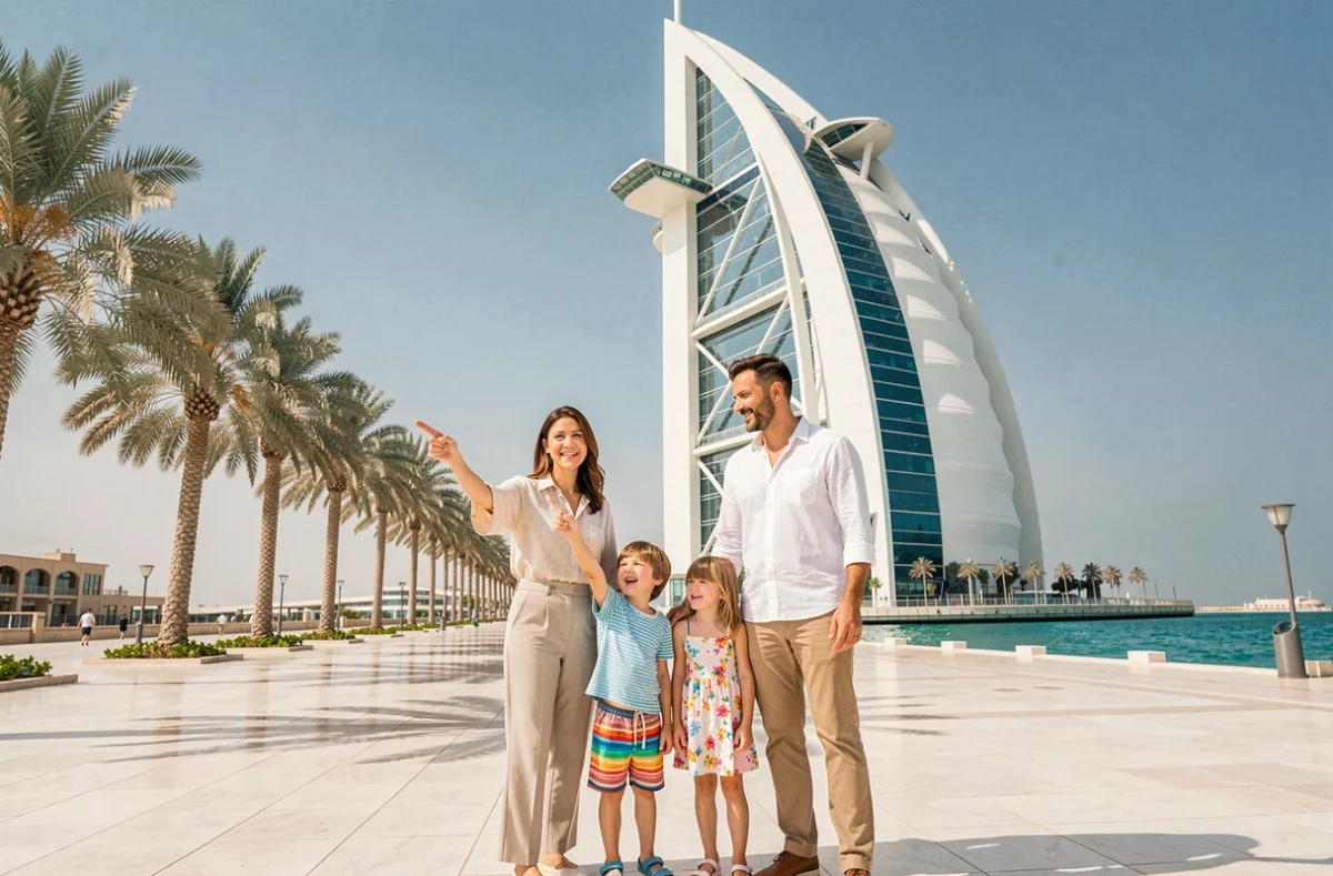 Famille avec enfants posant devant le Burdž Al Arab à Dubaï lors d'une visite en famille