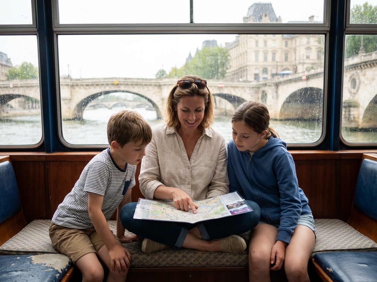 Mère et enfants consultant une carte touristique à bord d'un bateau-mouche sur la Seine à Paris