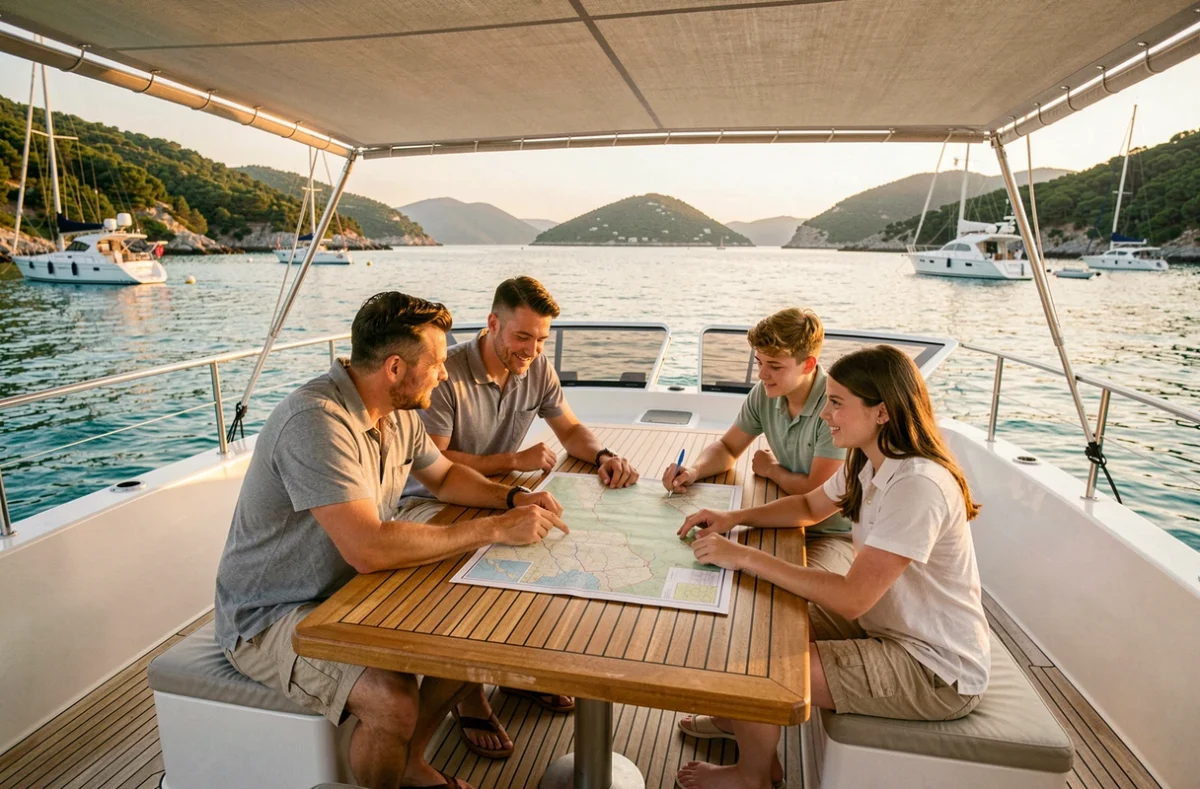 Famille réunie dans le cockpit d'un catamaran planifiant leur itinéraire de croisière à l'ancre dans une baie