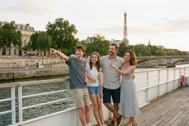 Famille en croisière sur la Seine admirant la Tour Eiffel depuis le pont d'un bateau touristique à Paris