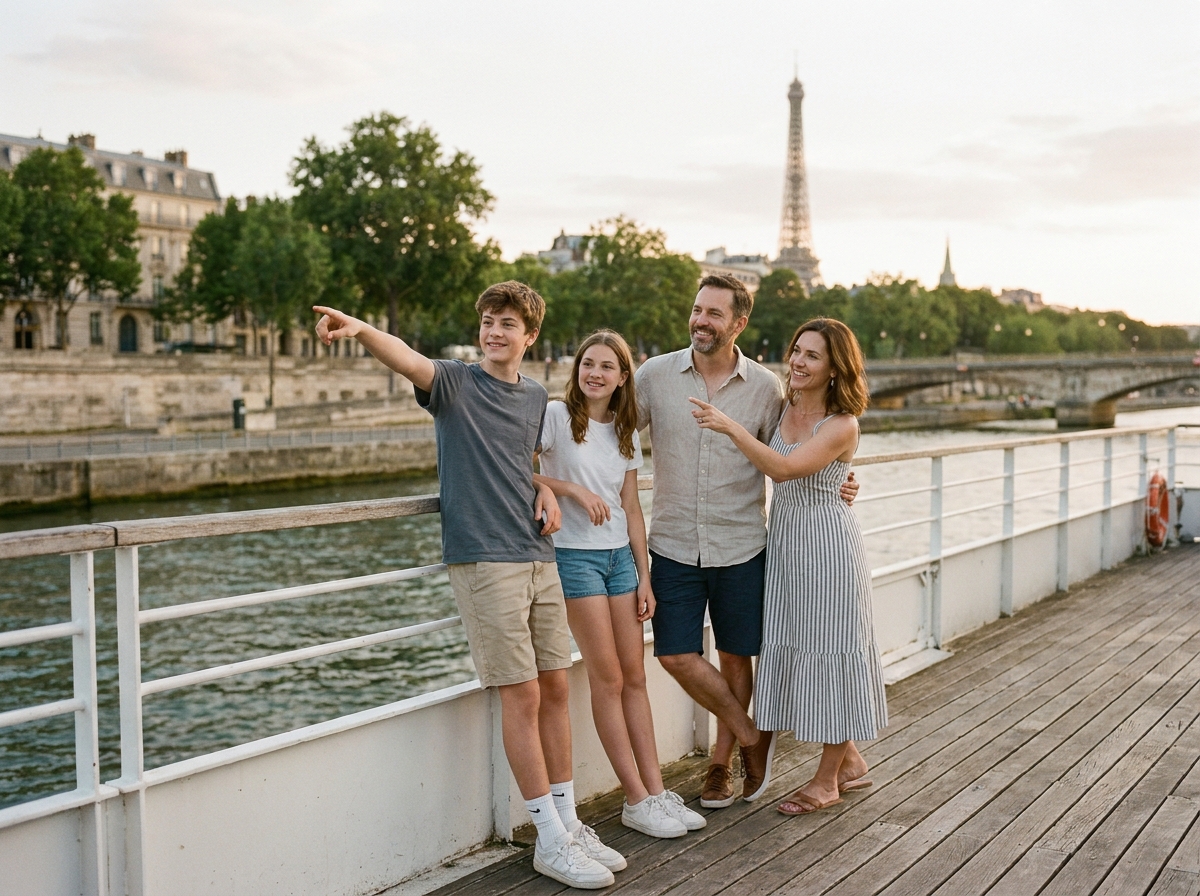 Famille en croisière sur la Seine admirant la Tour Eiffel depuis le pont d'un bateau touristique à Paris