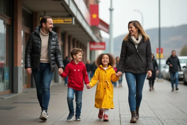 Famille souriante marchant dans un marché en Espagne