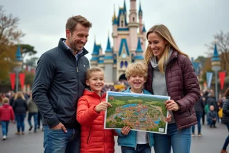 Famille heureuse devant un parc d'attractions européen