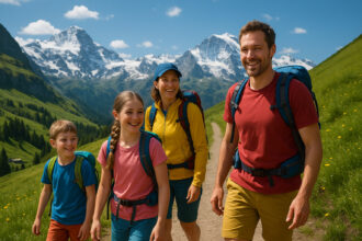 Famille heureuse en randonnée dans les Alpes suisses