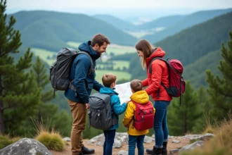 Famille en randonnée dans les Vosges avec carte et paysages