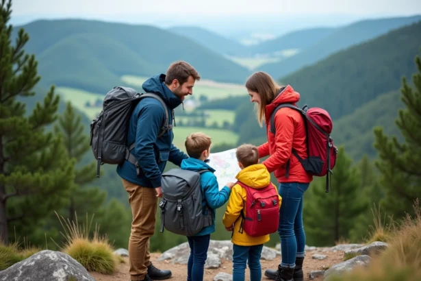 Famille en randonnée dans les Vosges avec carte et paysages