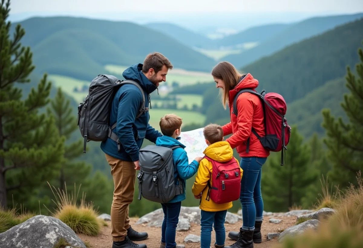 Famille en randonnée dans les Vosges avec carte et paysages