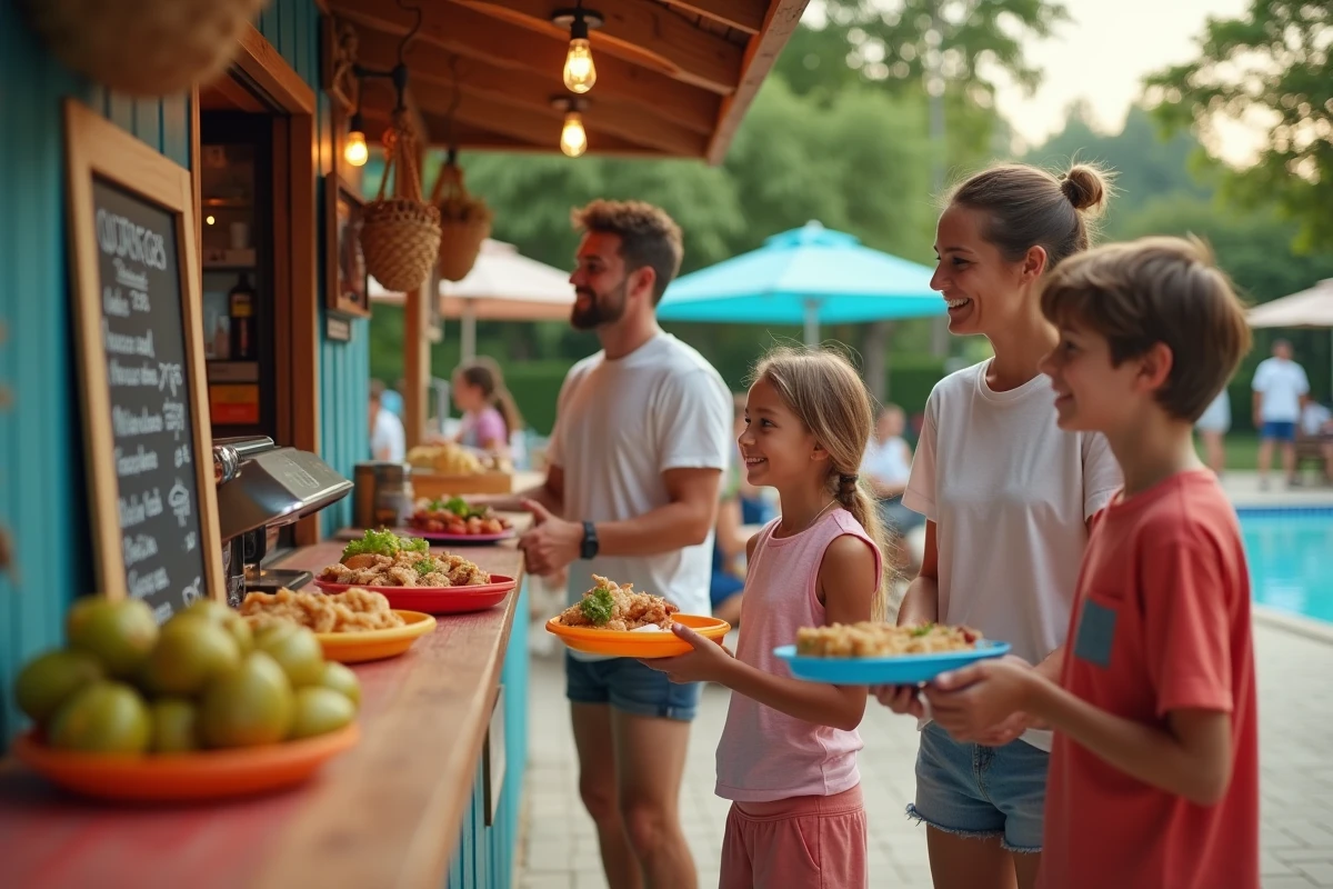 Famille faisant la queue au snack bar d'un camping chaine avec services tout compris