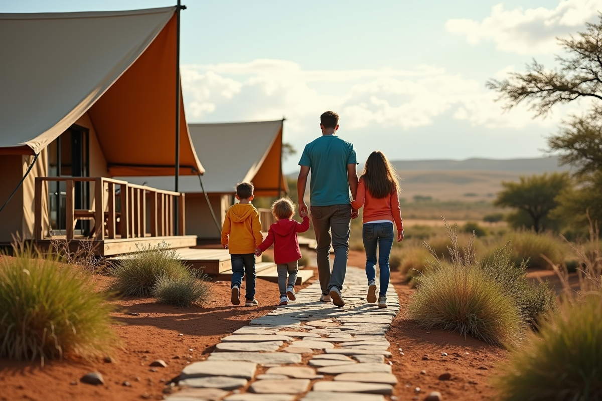 Famille marchant vers tentes de safari dans la savane