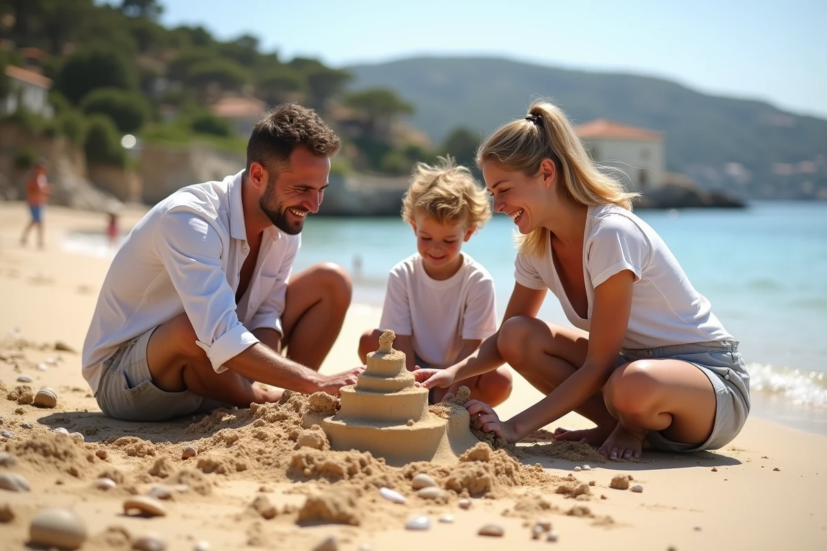 Famille construisant un château de sable à Rayol Canadel