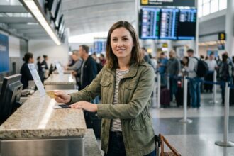 Femme voyageant à l'aéroport avec carte de paiement en main
