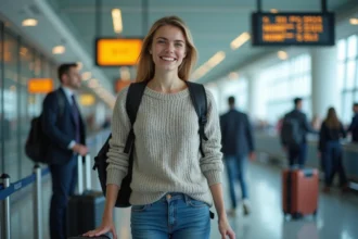 Jeune femme souriante à l'aéroport avec valise et sac à dos