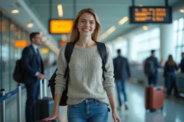 Jeune femme souriante à l'aéroport avec valise et sac à dos