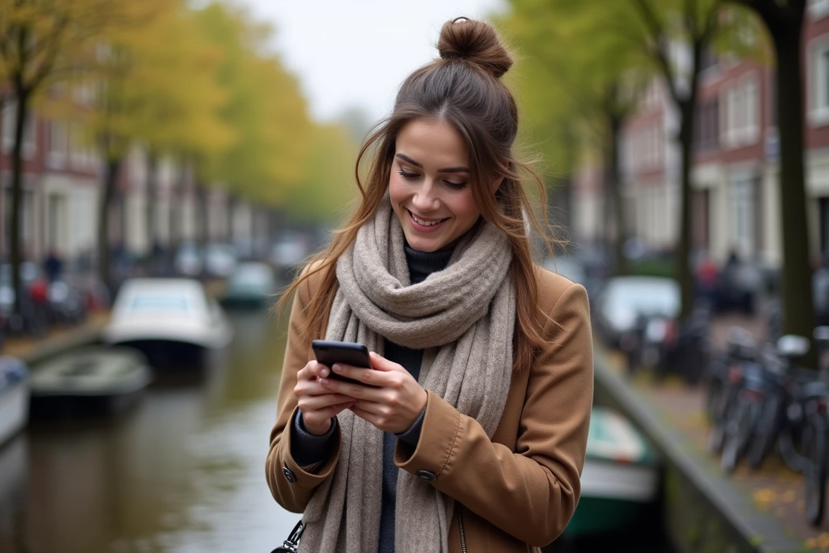Jeune femme souriante avec carte à Amsterdam