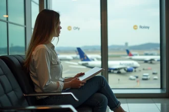 Femme détendue regardant les avions à l'aéroport de Paris