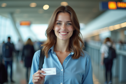 Jeune femme souriante tenant une carte d'assurance à l'aéroport
