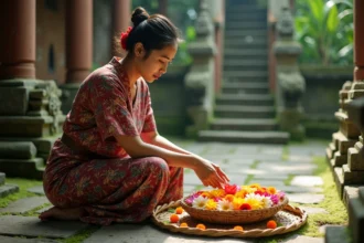 Femme balinaise en kebaya arrangeant des canang sari