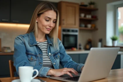 Femme assise à une table cuisine regarde offres voyage sur ordinateur