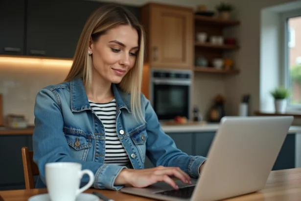 Femme assise à une table cuisine regarde offres voyage sur ordinateur