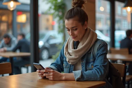 Jeune femme au café utilisant une application de paiement