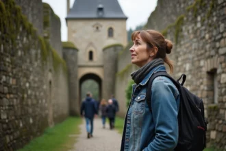Femme curieuse au château de Requesens en extérieur