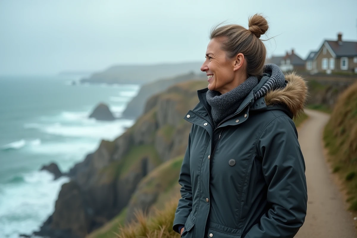 Femme regardant la côte bretonne au vent