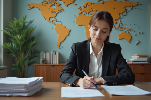 Jeune femme en costume remplissant un formulaire de visa dans un bureau