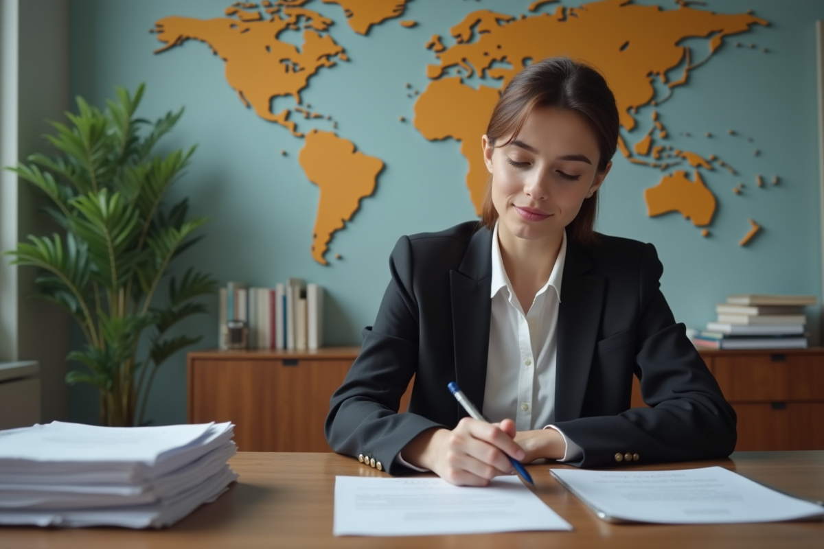 Jeune femme en costume remplissant un formulaire de visa dans un bureau