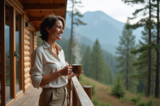 Femme souriante sur terrasse d'ecolodge avec vue montagne