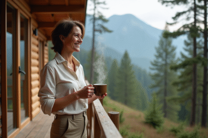 Femme souriante sur terrasse d'ecolodge avec vue montagne