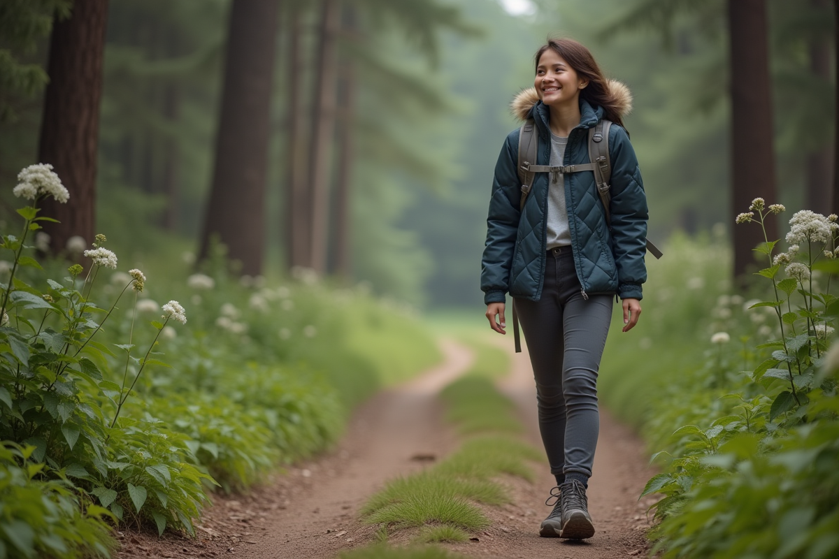 Jeune femme souriante admirant des fleurs en forêt
