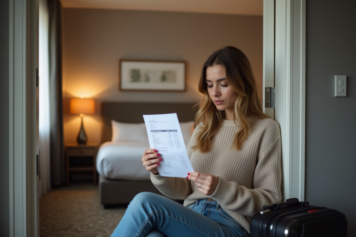 Jeune femme vérifiant une facture dans sa chambre d