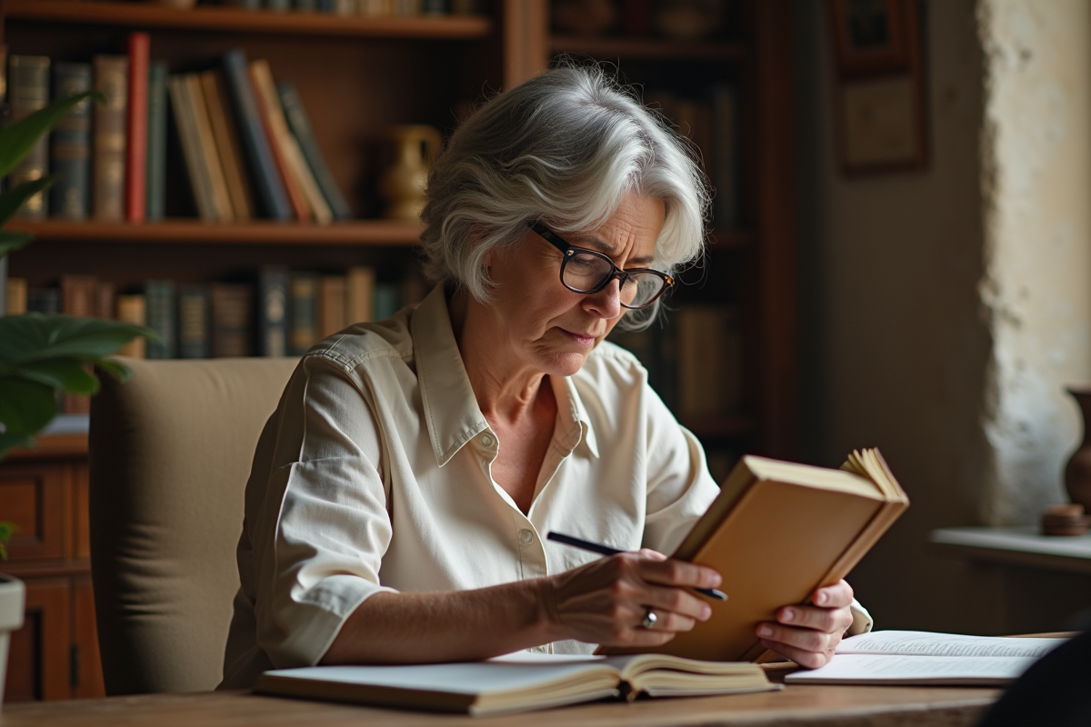 Femme française lisant un carnet dans un intérieur chaleureux