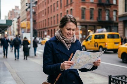 Jeune femme à Manhattan consulte une carte dans la rue
