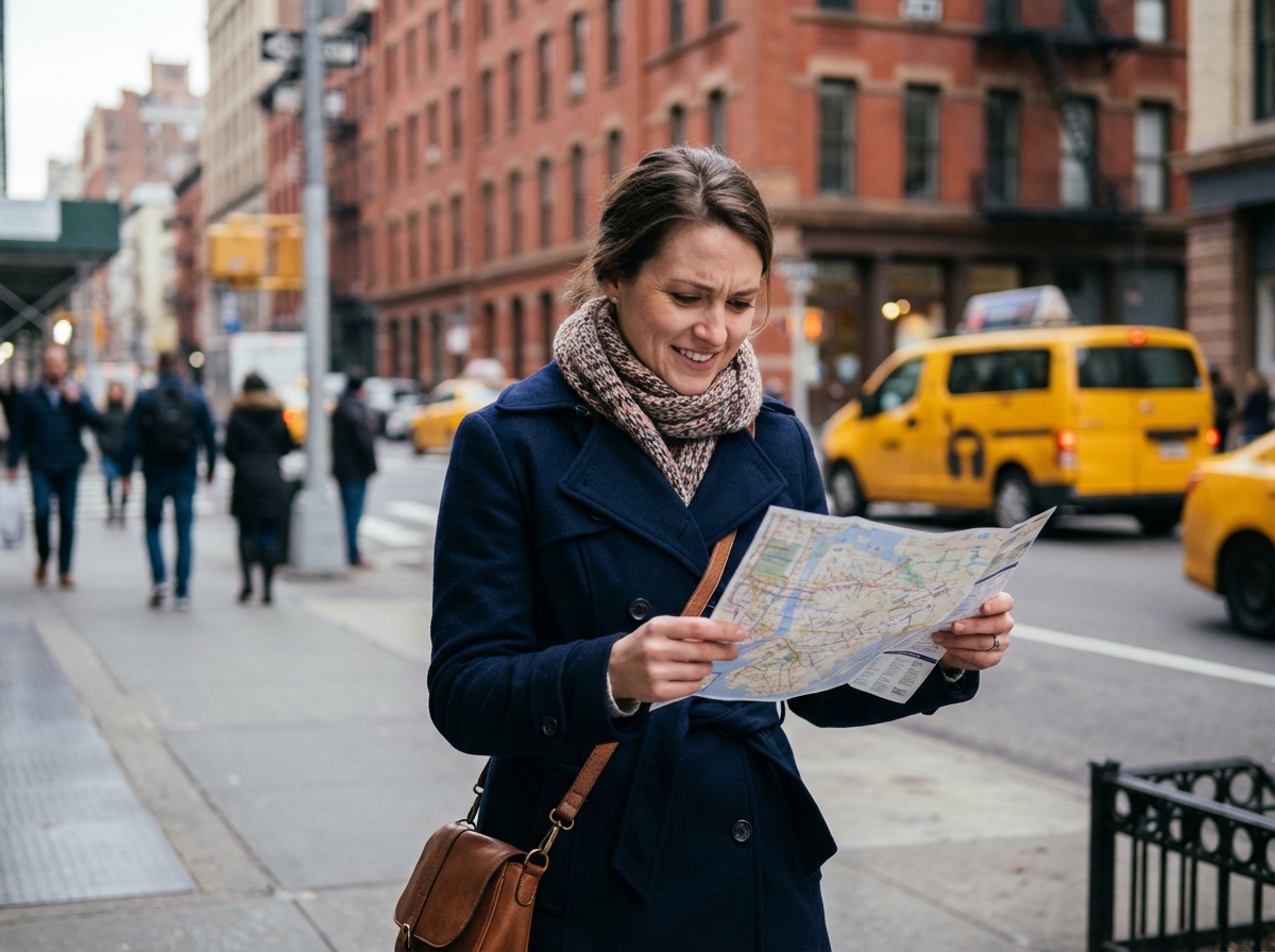 Jeune femme à Manhattan consulte une carte dans la rue