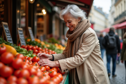 Femme en trench et foulard choisissant des tomates fraîches à un marché parisien