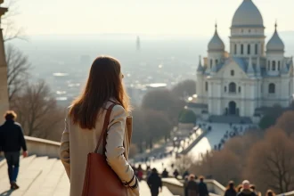 Femme en trench coat beige sur les marches du Sacré-Cœur à Montmartre avec vue panoramique sur Paris