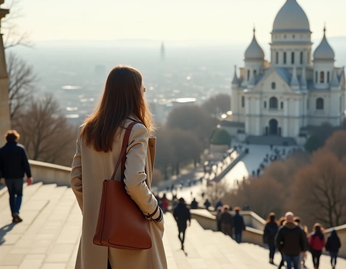 Femme en trench coat beige sur les marches du Sacré-Cœur à Montmartre avec vue panoramique sur Paris