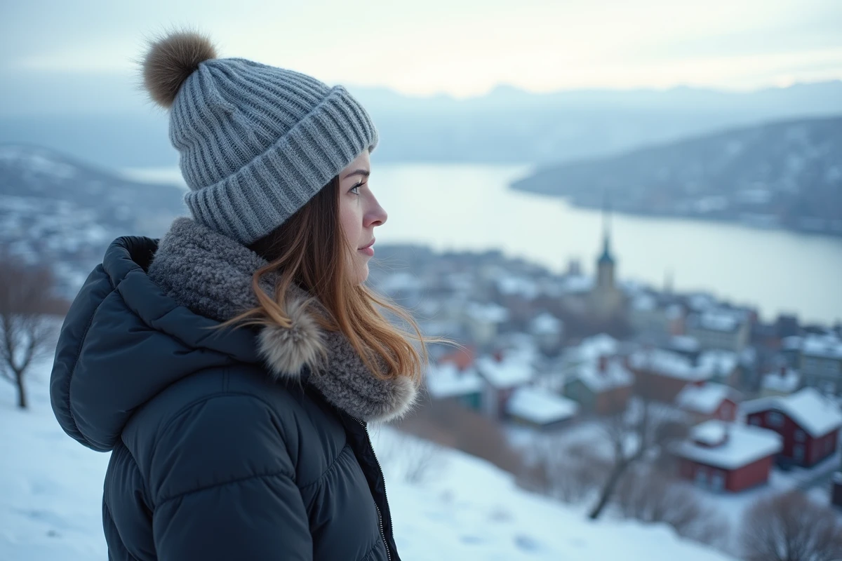 Une femme en tenue hivernale au sommet du mont Fløyen avec une vue panoramique sur Bergen et les fjords enneigés