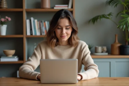 Femme assise à une table regardant son ordinateur portable