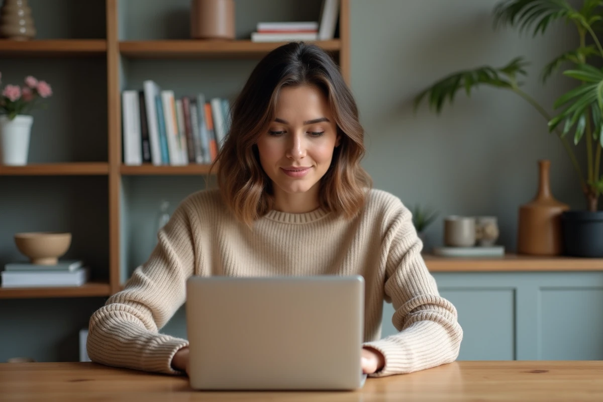 Femme assise à une table regardant son ordinateur portable