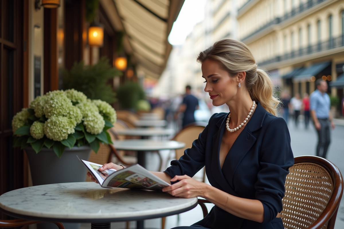 Femme élégante en robe marine dans un café parisien