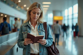 Femme examinant son passeport à l'aéroport